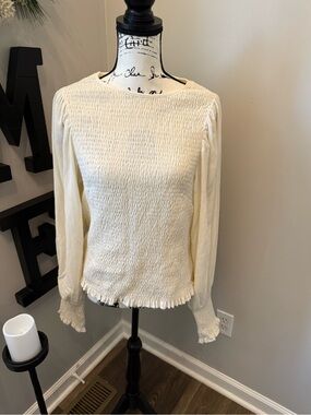 Anthropology XL Cream Smocked Long-Sleeve Women's Top